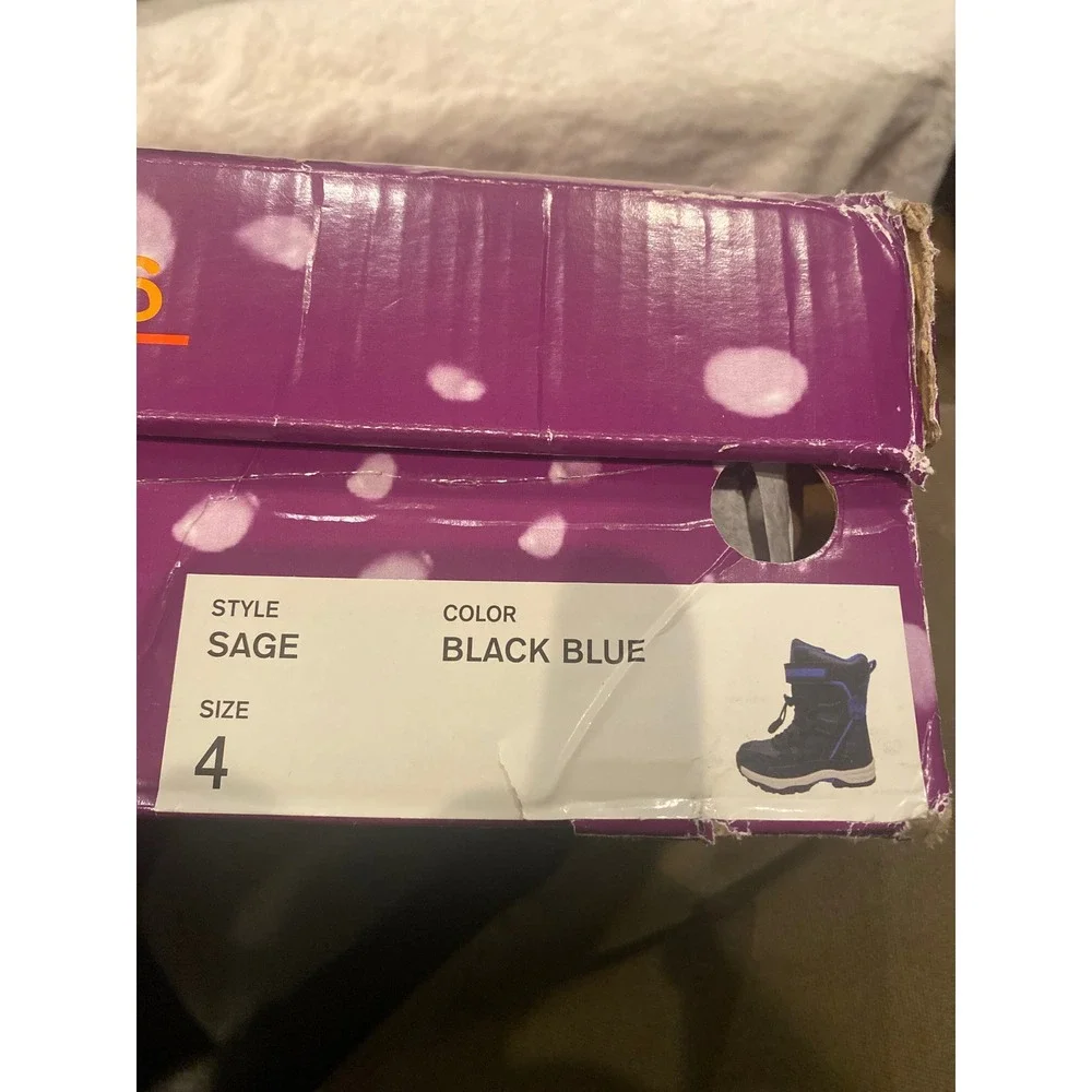 Totes Sage Boys Snow Boots Black Blue Bungee Strap Size 4 NEW